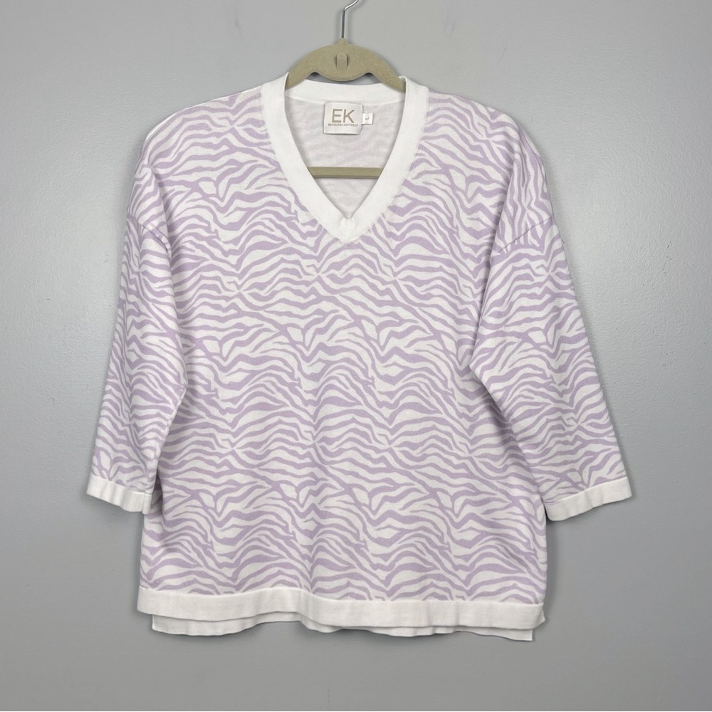 Edinburgh Knitwear light purple & white zebra print 3/4 sleeve sweater, large.